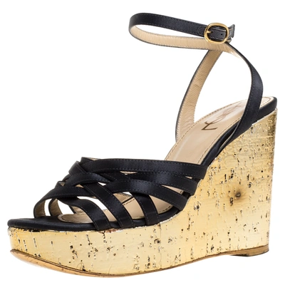 Pre-owned Saint Laurent Yves  Paris Dark Grey/gold Satin Strappy Ankle Strap Wedge Sandals Size 36