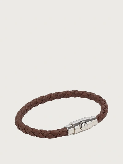 Ferragamo Braided Leather Bracelet With Palladium Finishing In Brown