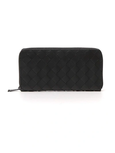 Bottega Veneta Intreccio Leather Zip Around Wallet In Black