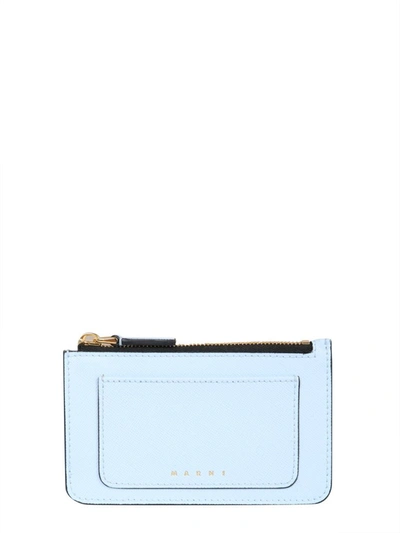 Marni Saffiano Leather Card Holder In Blue