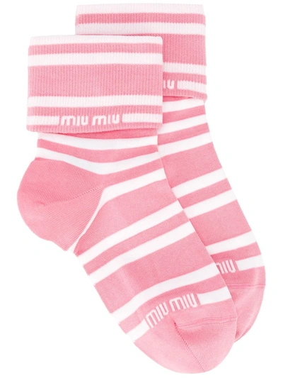 Miu Miu Striped Logo Socks In Pink