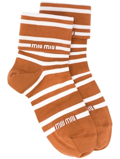 Miu Miu Striped Logo Socks In Brown