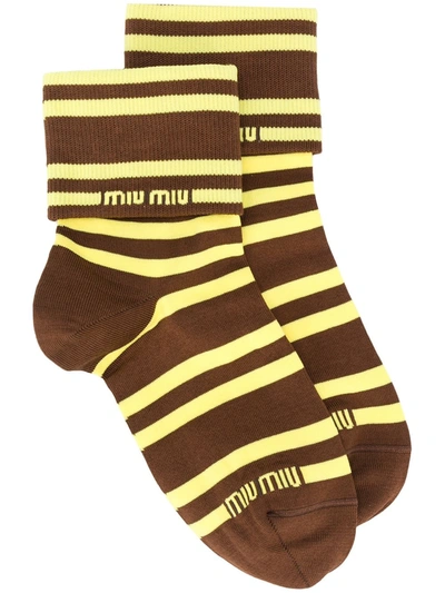 Miu Miu Striped Logo Socks In Brown