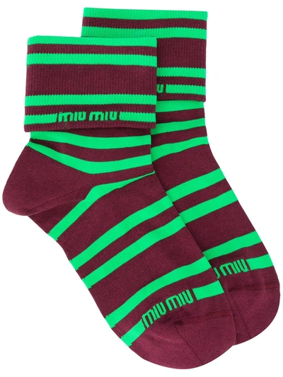 Miu Miu Striped Logo Socks In Green