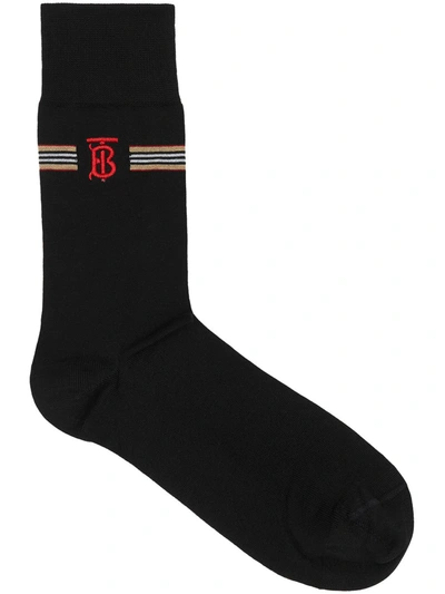 Burberry Icon Stripe And Monogram Motif Socks In Black