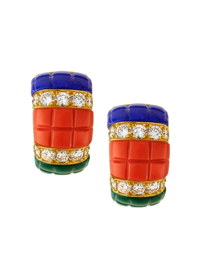 Pre-owned Van Cleef & Arpels 1961 18kt Yellow Gold Lapis Lazuli, Coral, Diamond And Malachite Ear Clips