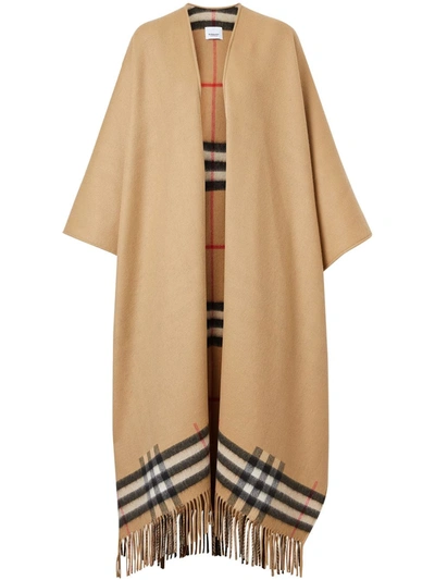 Burberry Fringed Check Cape In Neutrals