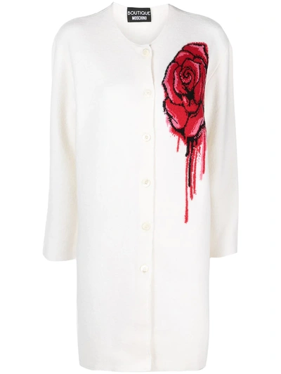 Moschino Rose-print Long-sleeve Coat In White
