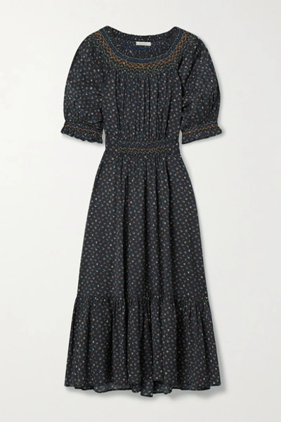 Doen Isidore Belted Ruched Floral-print Organic Cotton-blend Voile Midi Dress In Black