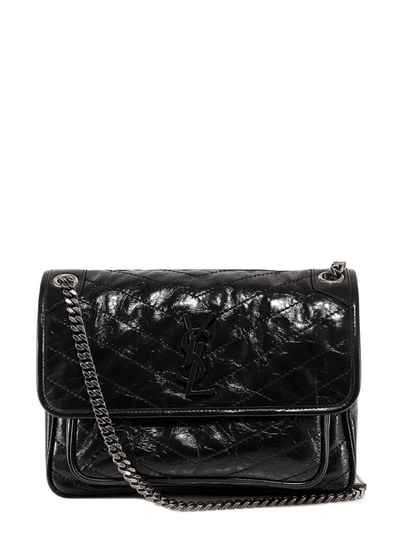 Saint Laurent Niki Medium Crinkled Glossed-leather Shoulder Bag In Black