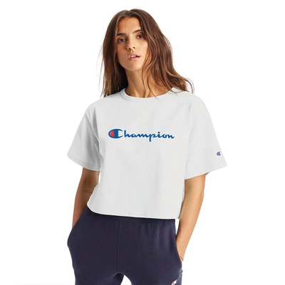 Champion Womens  Heritage Script Cropped T-shirt In White/blue