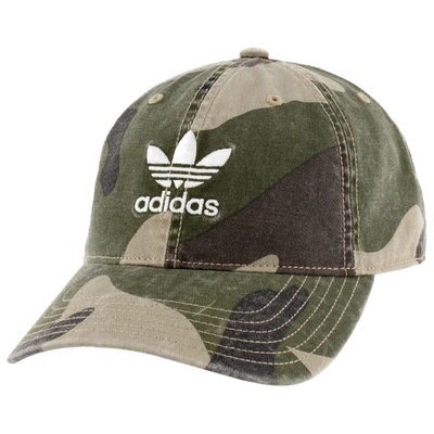 Adidas Originals Washed Relaxed Strapback In Aop Camo Olive Cargo/brown/white
