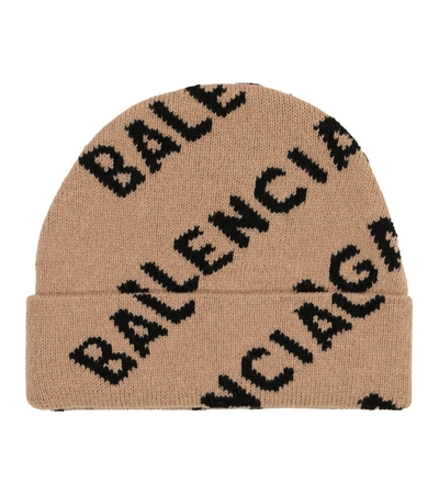 Balenciaga Allover Logo Wool Beanie In Beige