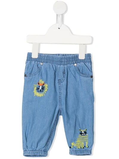 Stella Mccartney Babies' Big Cat-embroidered Chambray Trousers In Blue