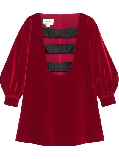 Gucci Stretch Cotton Velvet Mini Dress W/ Bows In Red