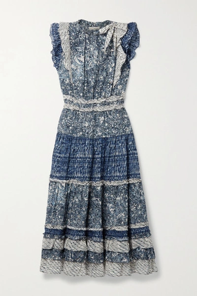 Ulla Johnson Kiri Ruffled Patchwork Printed Cotton-blend Voile Midi Dress In Indigo