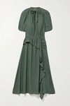 Ulla Johnson Leah Draped Ruffled Crepe Midi Dress In Gray Green
