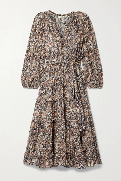Ulla Johnson Anzu Tiered Printed Cotton-blend Voile Midi Dress In Brown