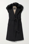 THEORY BELTED FAUX FUR-TRIMMED WOOL AND CASHMERE-BLEND VEST