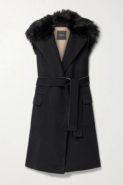 Theory Belted Faux Fur-trimmed Wool And Cashmere-blend Vest In Black