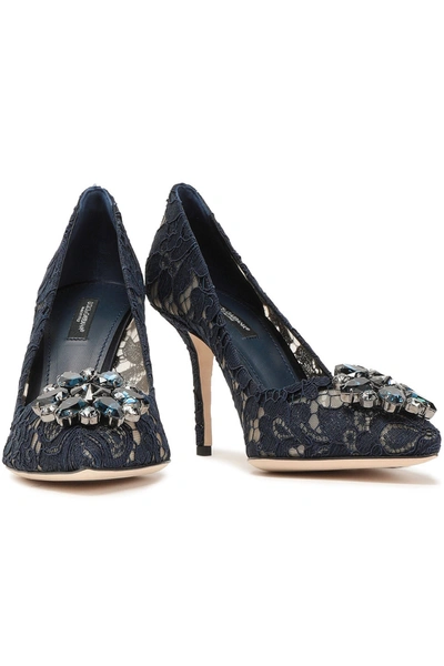 Dolce & Gabbana Bellucci Crystal-embellished Corded Lace Pumps In Midnight Blue
