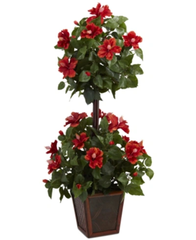Nearly Natural 39" Hibiscus Double Topiary Artificial Plant In Red