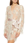 MYLA DOVE MEWS SATIN-TRIMMED LEAVERS LACE ROBE,3074457345624408706