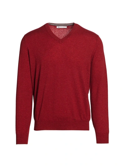 Brunello Cucinelli Men's Paprika Cashmere V-neck Sweater In Red