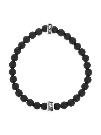 King Baby Studio Men's Onyx Story Onyx& Stainless Steel Beaded Bracelet With Micro Stackable Star Ring In Silver