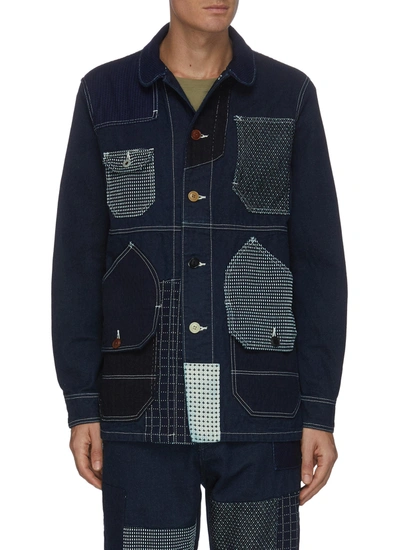 Fdmtl Sashiko Patchwork Contrast Seam Denim Shirt In Blue