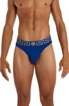 Versace First Line Logo Stretch Cotton Thong In Bluette-gold
