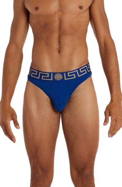 Versace First Line Logo Stretch Cotton Thong In Bluette Gold