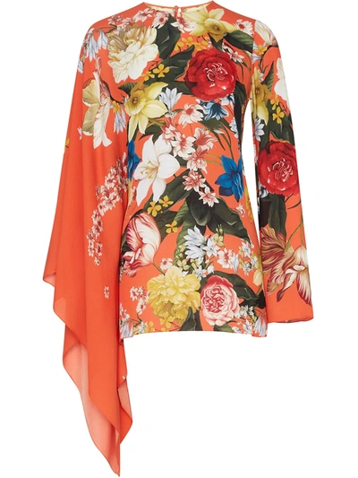 Oscar De La Renta Floral Print Draped Sleeve Blouse In Orange