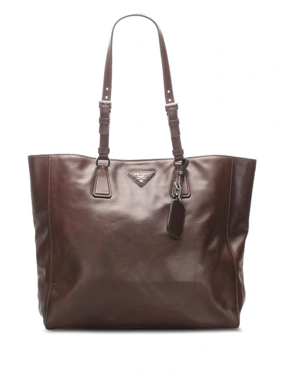 Pre-owned Prada Triangle Plaque Tote Bag In Brown