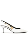 Versace Safety Pin Leather Pumps In White