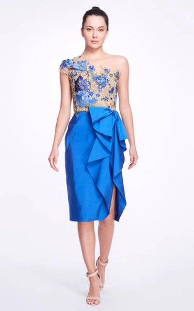 Marchesa Embroidered Illusion Tulle Cocktail Dress In Blue