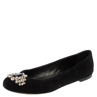 Pre-owned Giuseppe Zanotti Black Suede Leather Crystal Embellished Ballet Flats Size 36