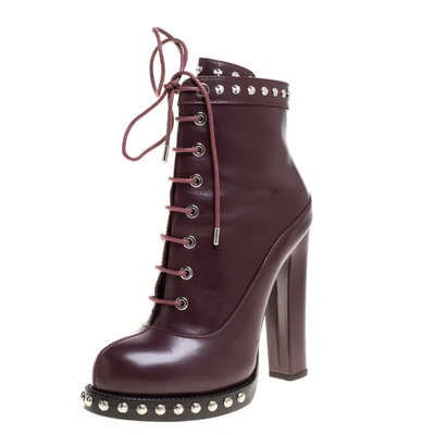 Pre-owned Alexander Mcqueen Maroon Leather Hobnail Platform Ankle Booties Size 37 In Burgundy