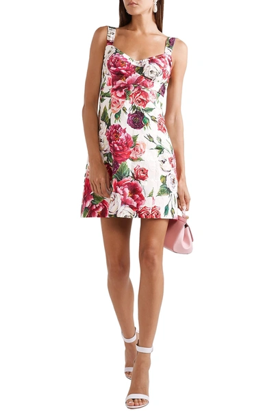 Dolce & Gabbana Floral-print Cotton-blend Cloqué Mini Dress In White