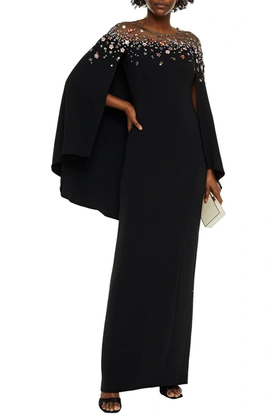 Jenny Packham Cape-effect Embellished Tulle-paneled Crepe Gown In Black