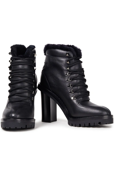 Valentino Garavani Shearling-lined Lace-up Leather Ankle Boots In Black