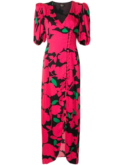 De La Vali Puff-sleeve Floral Dress In Red