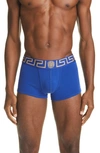 Versace Iconic Low-rise Stretch-cotton Trunks In Bluette-gold