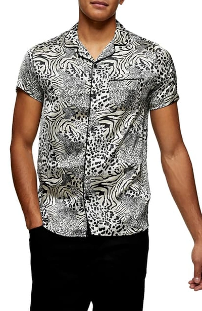 Topman Animal Print Satin Button-up Camp Shirt In Black/ White Multi