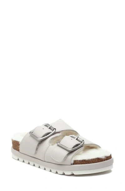 Jslides Lynx Genuine Shearling Double Buckle Sandal In Ivory Leather