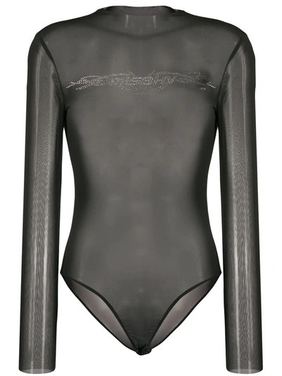 Misbhv Crystal Logo Sheer Bodysuit In Black