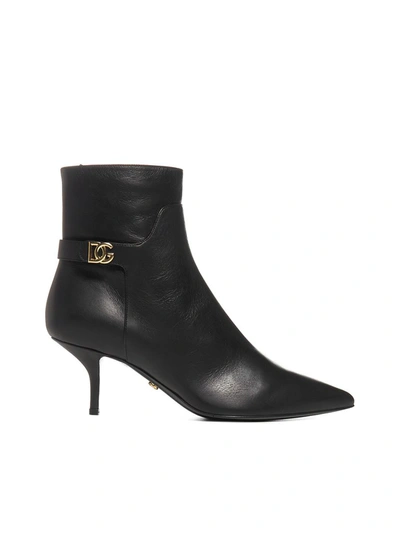 Dolce & Gabbana Logo-embellished Leather Ankle Boots In Black