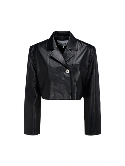 Ganni Cropped Double-breasted Leather Jacket In Black