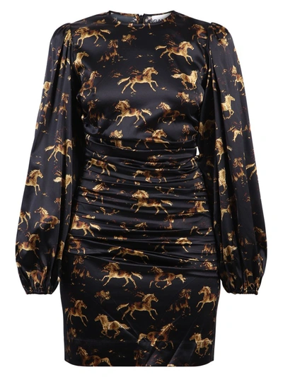 Ganni Ruched Printed Stretch-silk Satin Mini Dress In Black,gold