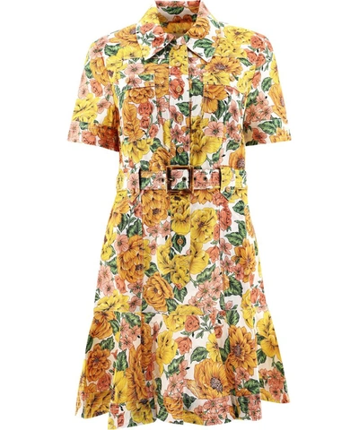 Zimmermann Poppy Belted Ruffled Floral-print Linen Mini Dress In Yellow